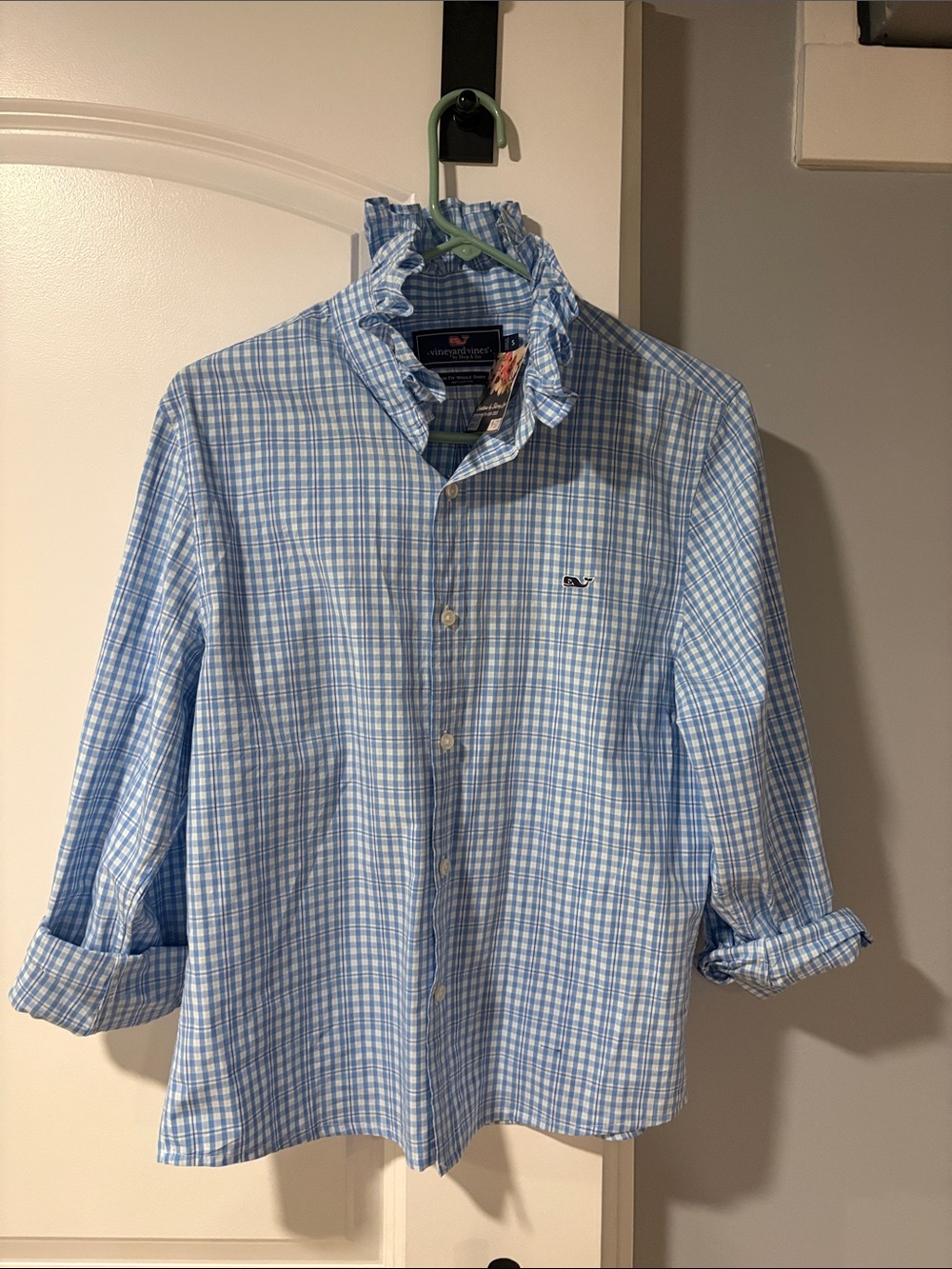 Vineyard Vines Blue and White Plaid Ruffle-Collar Button-Down